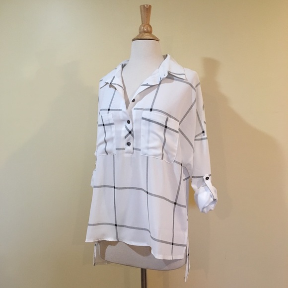 White Windowpane Check Button Front Henley Blouse - Picture 8 of 8
